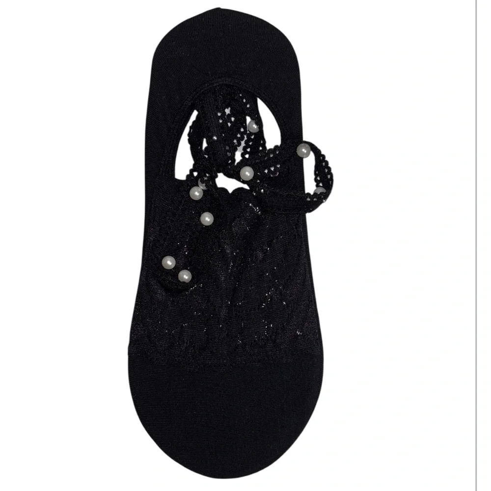 Pearl Lace Black No Show Socks Cotton Four Pair Ankle Strap White Pearl Accents
